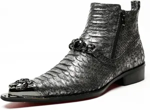 Rui Landed High Top Genuine Leather Faux Snakeskin Print Metal Tip Flat Mens Ankle Boots with Dual Zipper (Color : Black, Size : 10 M US)