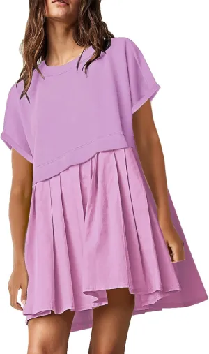 SAUKOLE Womens Summer Crew Neck Short Sleeve Dress Patchwork Pleated A Line Beach Boho Mini Dress