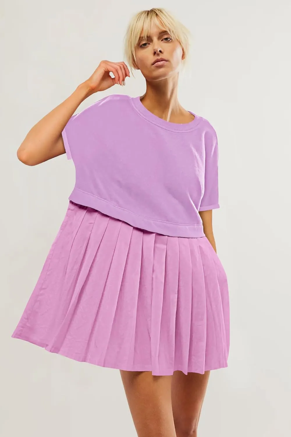 SAUKOLE Womens Summer Crew Neck Short Sleeve Dress Patchwork Pleated A Line Beach Boho Mini Dress