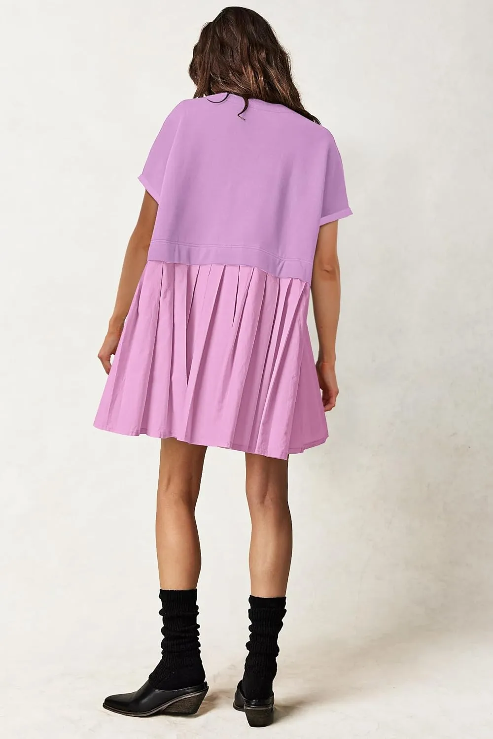 SAUKOLE Womens Summer Crew Neck Short Sleeve Dress Patchwork Pleated A Line Beach Boho Mini Dress