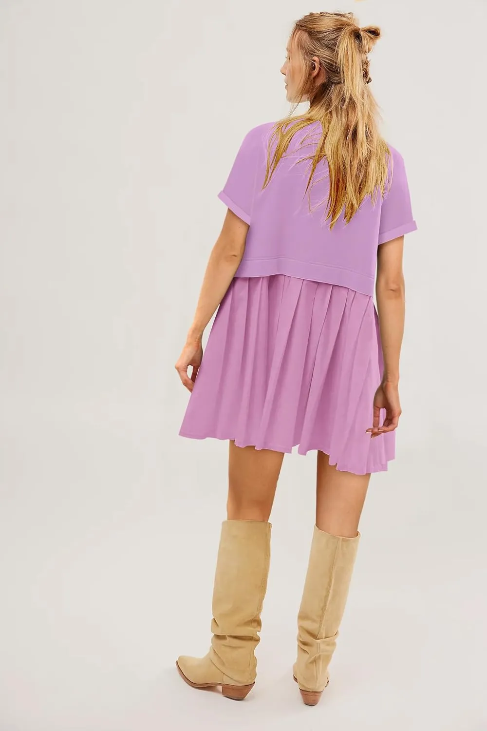 SAUKOLE Womens Summer Crew Neck Short Sleeve Dress Patchwork Pleated A Line Beach Boho Mini Dress