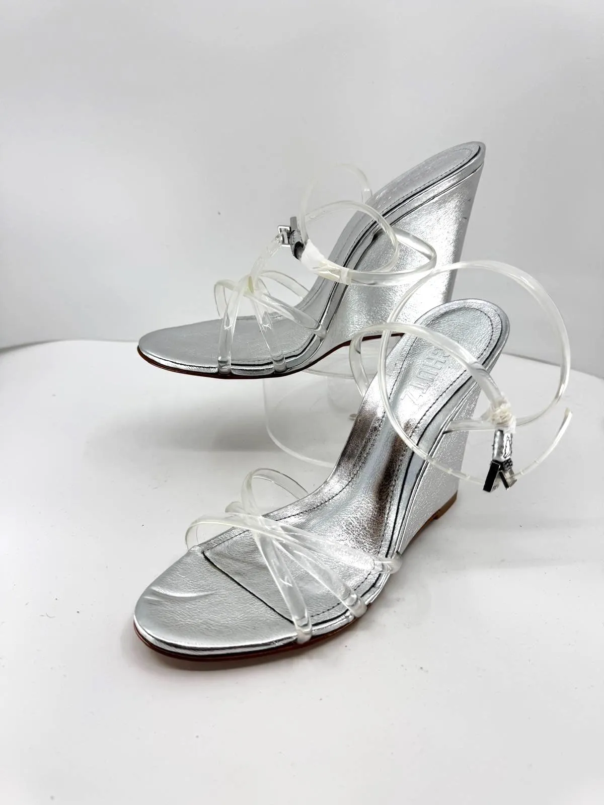 SCHUTZ AMELIA TRANSLUCENT WEDGE HEEL SANDALS
