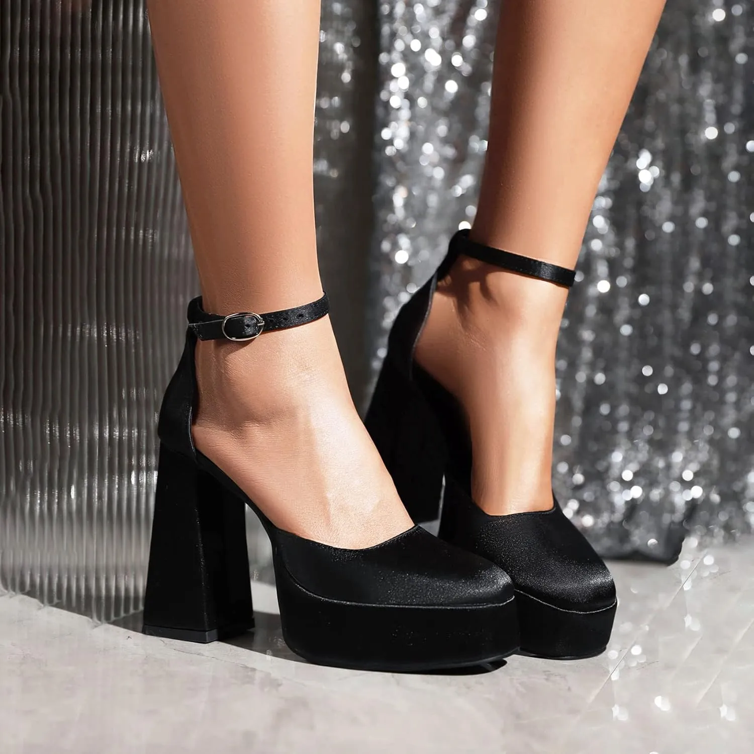 SEIFIN Platform Chunky Heels for Women Ankle Strap Pumps High Heels Sandal Platform Heels Closed Toe Wedding Party Pumps Shoes