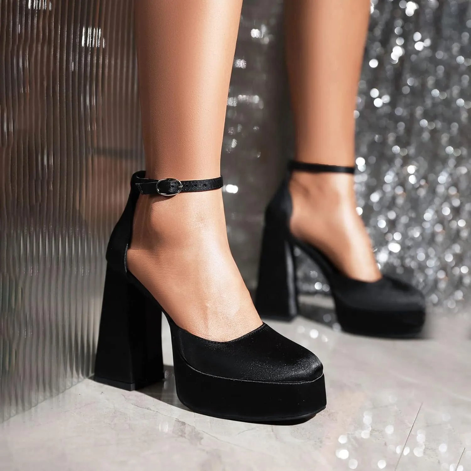 SEIFIN Platform Chunky Heels for Women Ankle Strap Pumps High Heels Sandal Platform Heels Closed Toe Wedding Party Pumps Shoes