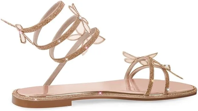 sexytag Women's Butterfly Diamante Flat Sandals Rhinestone Wrap Up Sparkly Glitter Ankle Strap Open Toe Summer Shoes