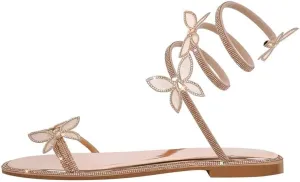 sexytag Women's Butterfly Diamante Flat Sandals Rhinestone Wrap Up Sparkly Glitter Ankle Strap Open Toe Summer Shoes