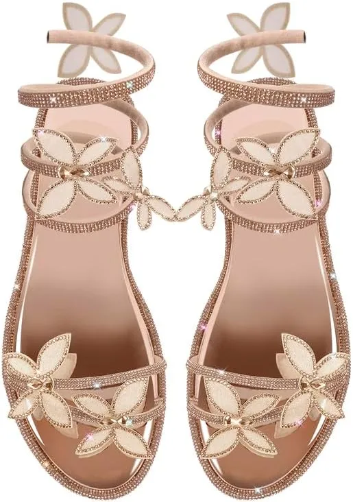 sexytag Women's Butterfly Diamante Flat Sandals Rhinestone Wrap Up Sparkly Glitter Ankle Strap Open Toe Summer Shoes