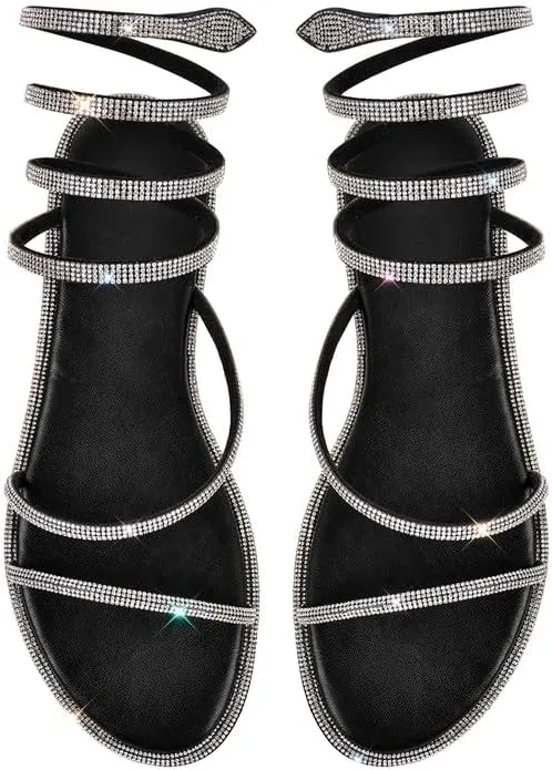 sexytag Women's Rhinestone Gladiator Wrap Up Flat Sandals Sparkly Glitter Ankle Strap Open Toe Summer Shoes