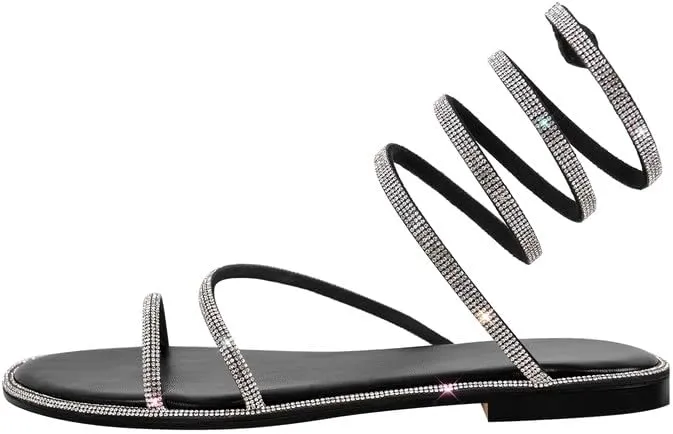 sexytag Women's Rhinestone Gladiator Wrap Up Flat Sandals Sparkly Glitter Ankle Strap Open Toe Summer Shoes