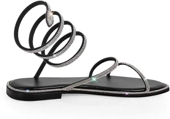 sexytag Women's Rhinestone Gladiator Wrap Up Flat Sandals Sparkly Glitter Ankle Strap Open Toe Summer Shoes