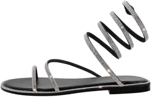 sexytag Women's Rhinestone Gladiator Wrap Up Flat Sandals Sparkly Glitter Ankle Strap Open Toe Summer Shoes