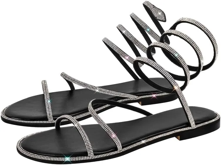 sexytag Women's Rhinestone Gladiator Wrap Up Flat Sandals Sparkly Glitter Ankle Strap Open Toe Summer Shoes