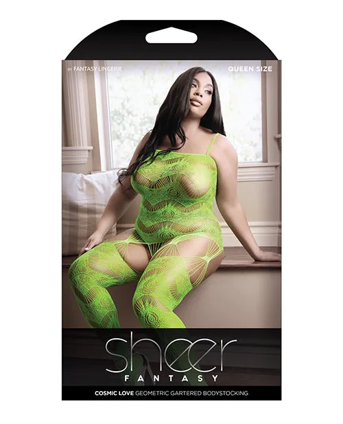 Sheer Cosmic Love Strappy Geometric Gartered Bodystocking Neon Green Qn