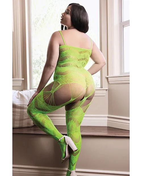 Sheer Cosmic Love Strappy Geometric Gartered Bodystocking Neon Green Qn