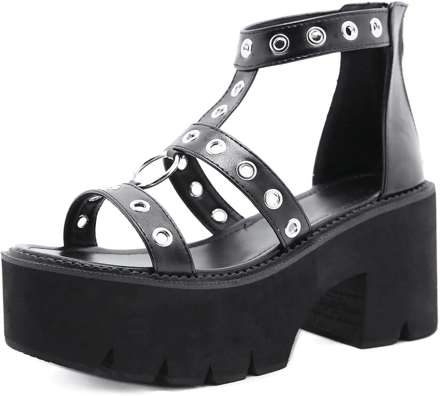 SHEMEE Chunky Platform Gladiator Roman Sandals Women Black Punk Goth Shoes Multi Strap Lightweight Fisherman Wedge Sandal
