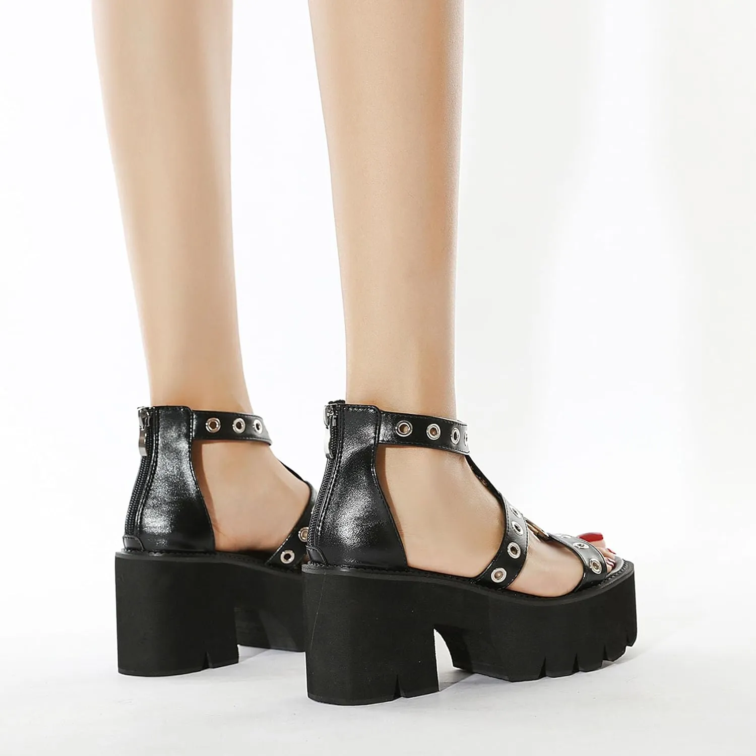 SHEMEE Chunky Platform Gladiator Roman Sandals Women Black Punk Goth Shoes Multi Strap Lightweight Fisherman Wedge Sandal