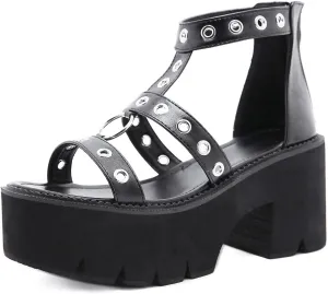 SHEMEE Chunky Platform Gladiator Roman Sandals Women Black Punk Goth Shoes Multi Strap Lightweight Fisherman Wedge Sandal