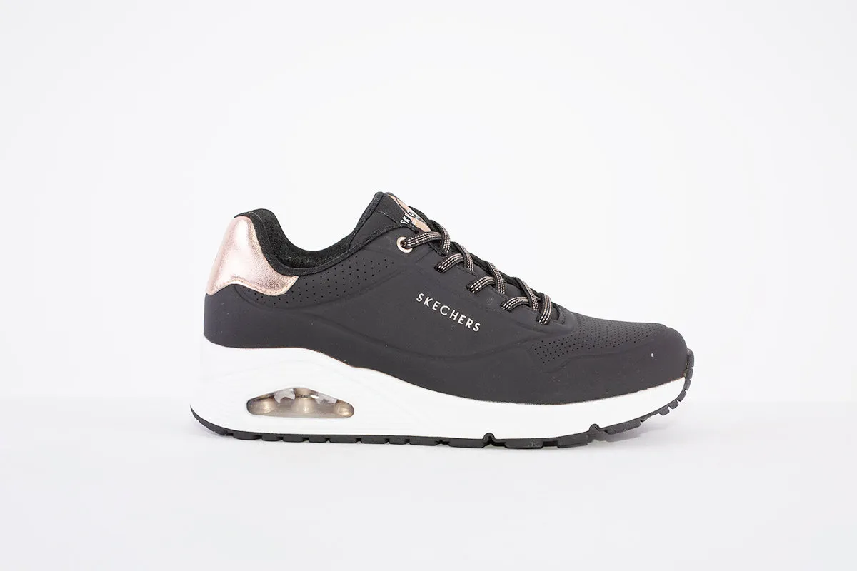 SKECHERS - 155196 UNO-SHIMMER AWAY- LACED TRAINER - BLACK/ROSEGOLD