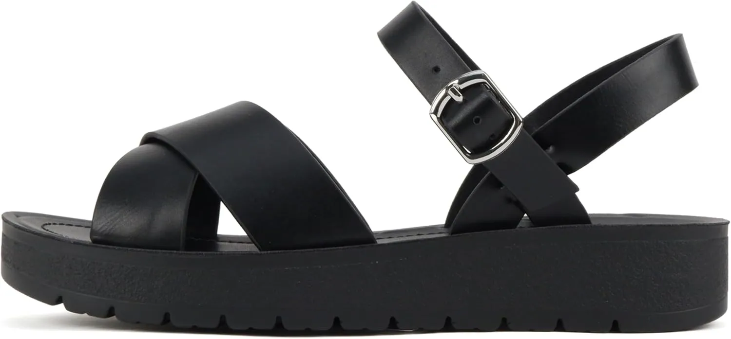 Soda CHESTER ~ Women Flat Sandals Flatform Ankle Buckle Criss Cross Band Straps Sandals Shoes