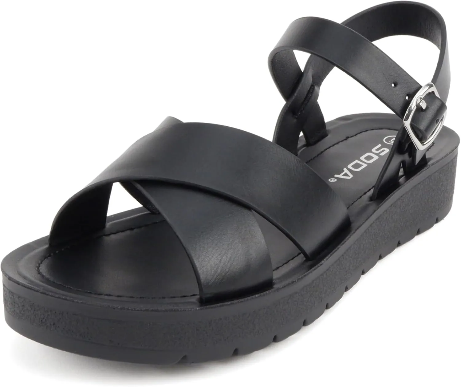 Soda CHESTER ~ Women Flat Sandals Flatform Ankle Buckle Criss Cross Band Straps Sandals Shoes