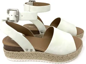SODA Topic Casual Espadrilles Trim Rubber Sole Flatform Studded Wedge Buckle Ankle Strap Open Toe Sandal (10 M US, Off White)
