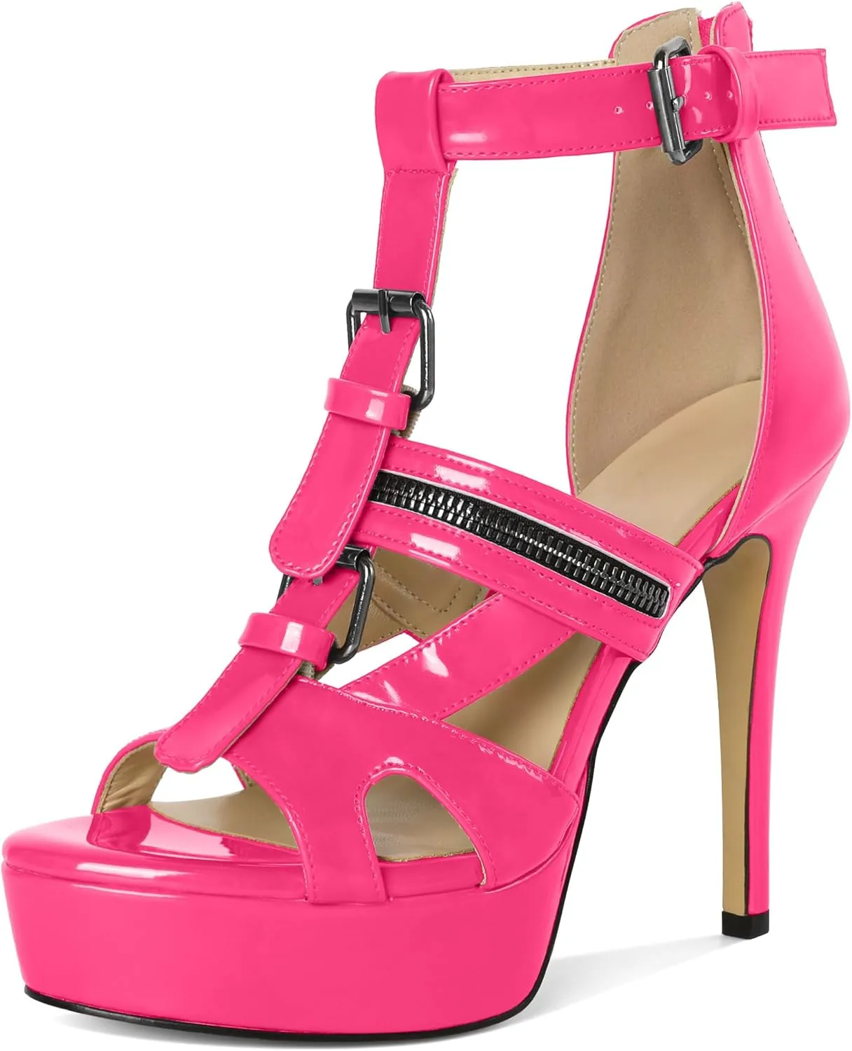 Soireelady Women's Platform High Heels Gothic Sandals Open Toe T-strap Stiletto Heels Peep Toe Punk Heeled Sandals 5 Inch