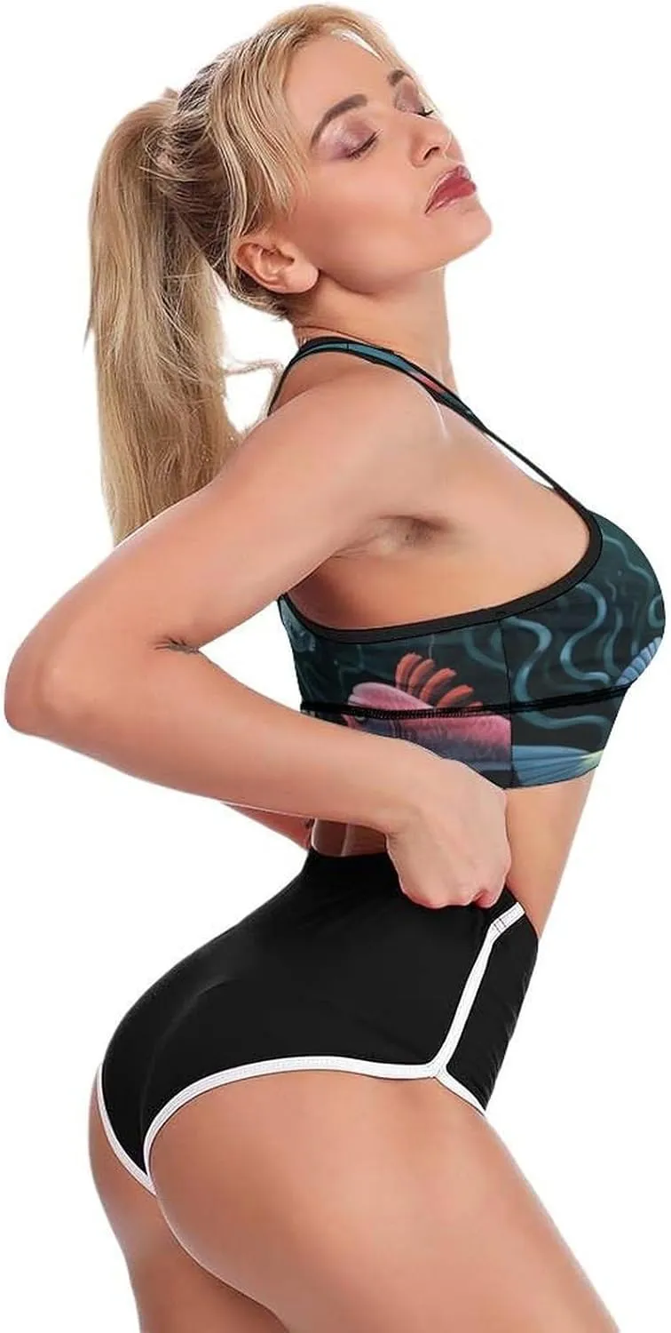 Sports Bra for Women Criss Cross Back Yoga Bra with Padded Fish Talk Art Tank Top Workout Crop Top for Sport