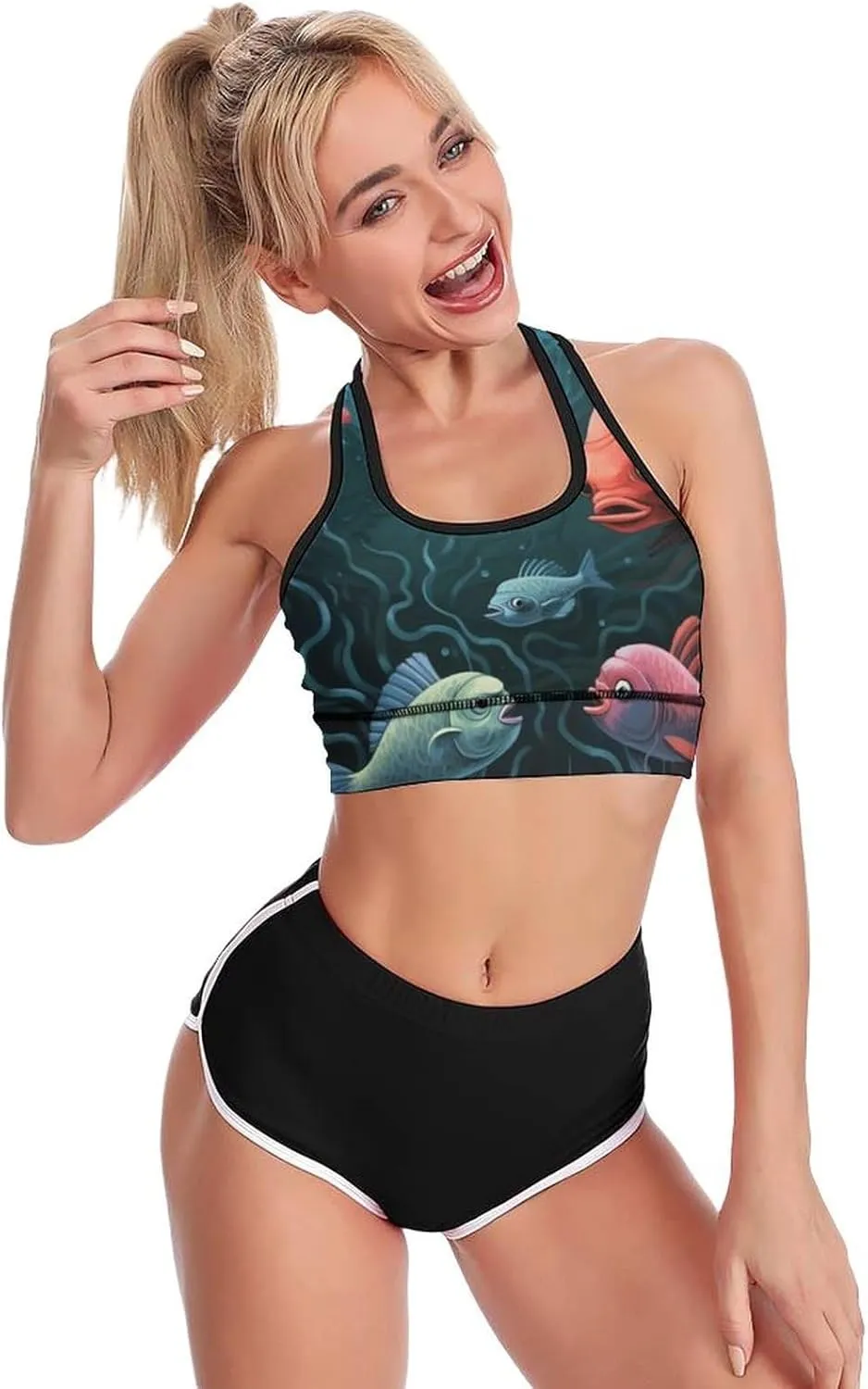Sports Bra for Women Criss Cross Back Yoga Bra with Padded Fish Talk Art Tank Top Workout Crop Top for Sport