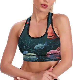 Sports Bra for Women Criss Cross Back Yoga Bra with Padded Fish Talk Art Tank Top Workout Crop Top for Sport
