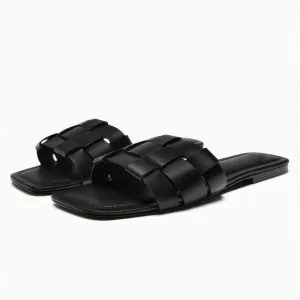 Square Toe Basket Weave Flat Mules Slides