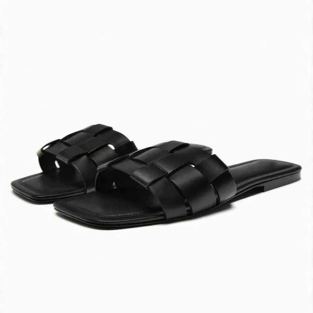 Square Toe Basket Weave Flat Mules Slides