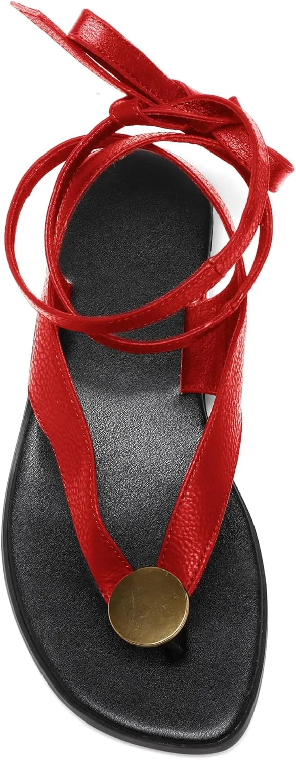 Strap Flip Flop Flat Sandals for Women with Metal Circular Ankle Strappy Ladies Fashion Cute Summer Thong Sandals Dressy.