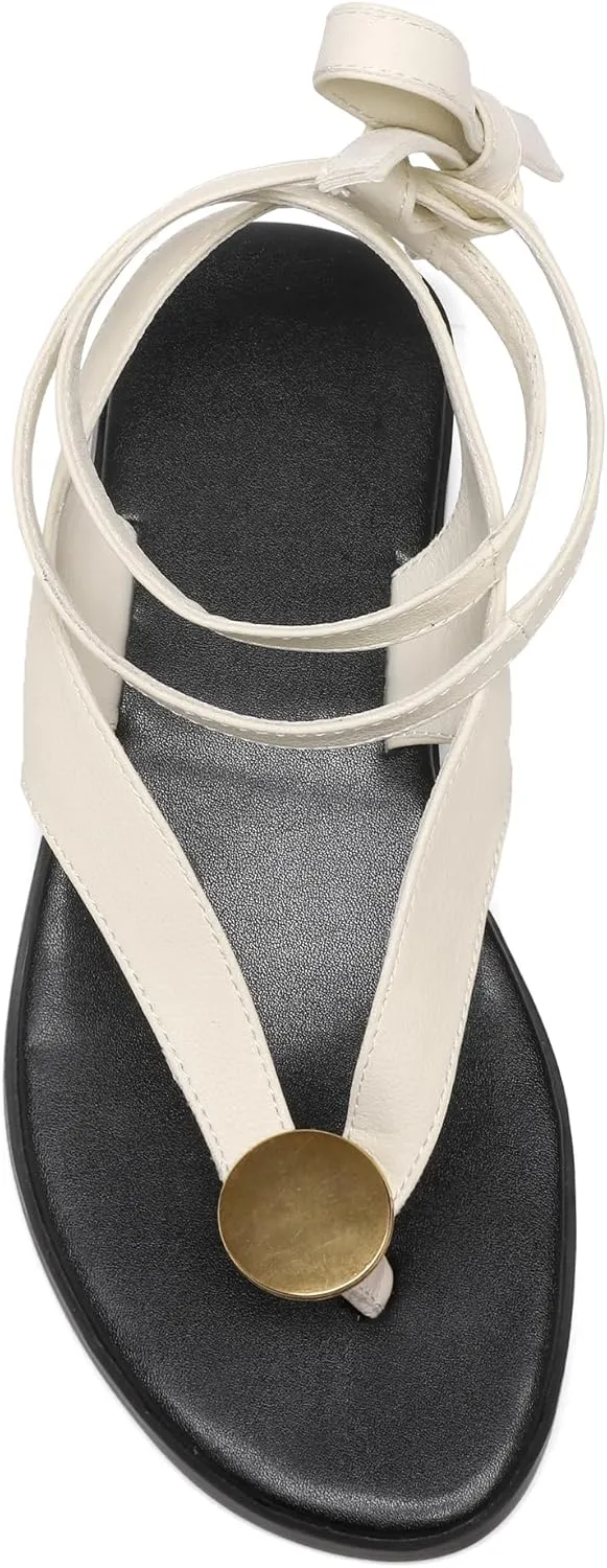 Strap Flip Flop Flat Sandals for Women with Metal Circular Ankle Strappy Ladies Fashion Cute Summer Thong Sandals Dressy.