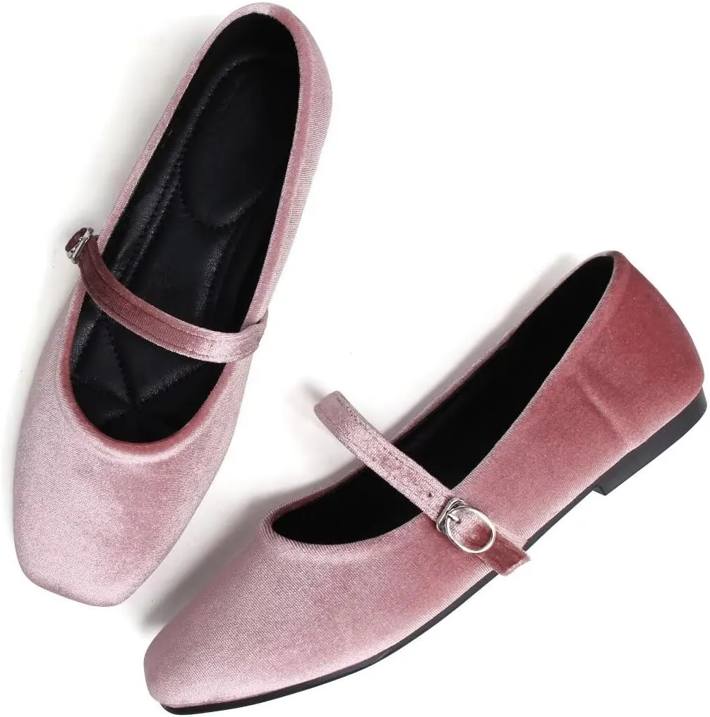 Stunner Mary Jane Square Toe Black Ballet Flats for Women - Comfortable Ankle Strap Casual Slip On Flats