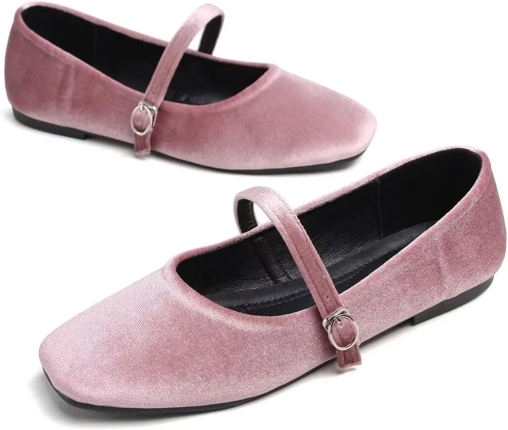 Stunner Mary Jane Square Toe Black Ballet Flats for Women - Comfortable Ankle Strap Casual Slip On Flats