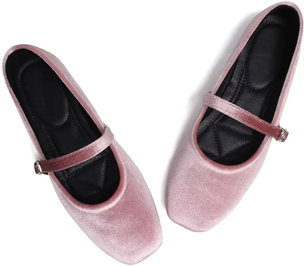 Stunner Mary Jane Square Toe Black Ballet Flats for Women - Comfortable Ankle Strap Casual Slip On Flats
