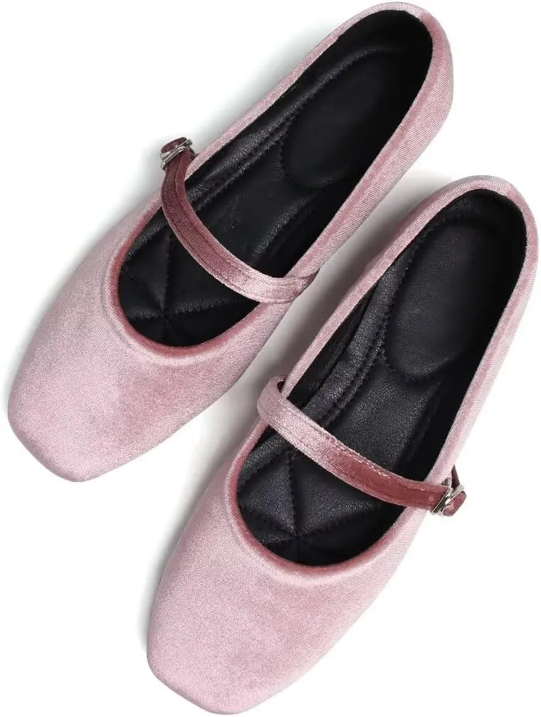 Stunner Mary Jane Square Toe Black Ballet Flats for Women - Comfortable Ankle Strap Casual Slip On Flats