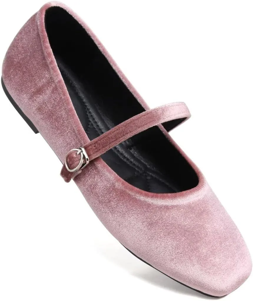 Stunner Mary Jane Square Toe Black Ballet Flats for Women - Comfortable Ankle Strap Casual Slip On Flats