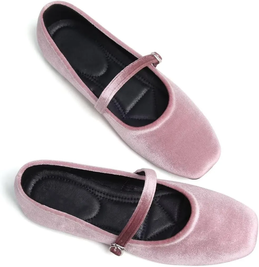 Stunner Mary Jane Square Toe Black Ballet Flats for Women - Comfortable Ankle Strap Casual Slip On Flats