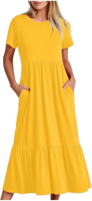 Summer Dresses for Women 2024 Maxi Casual Short Sleeve Crewneck Dress Flowy Swing Beach Sundresses with Pockets