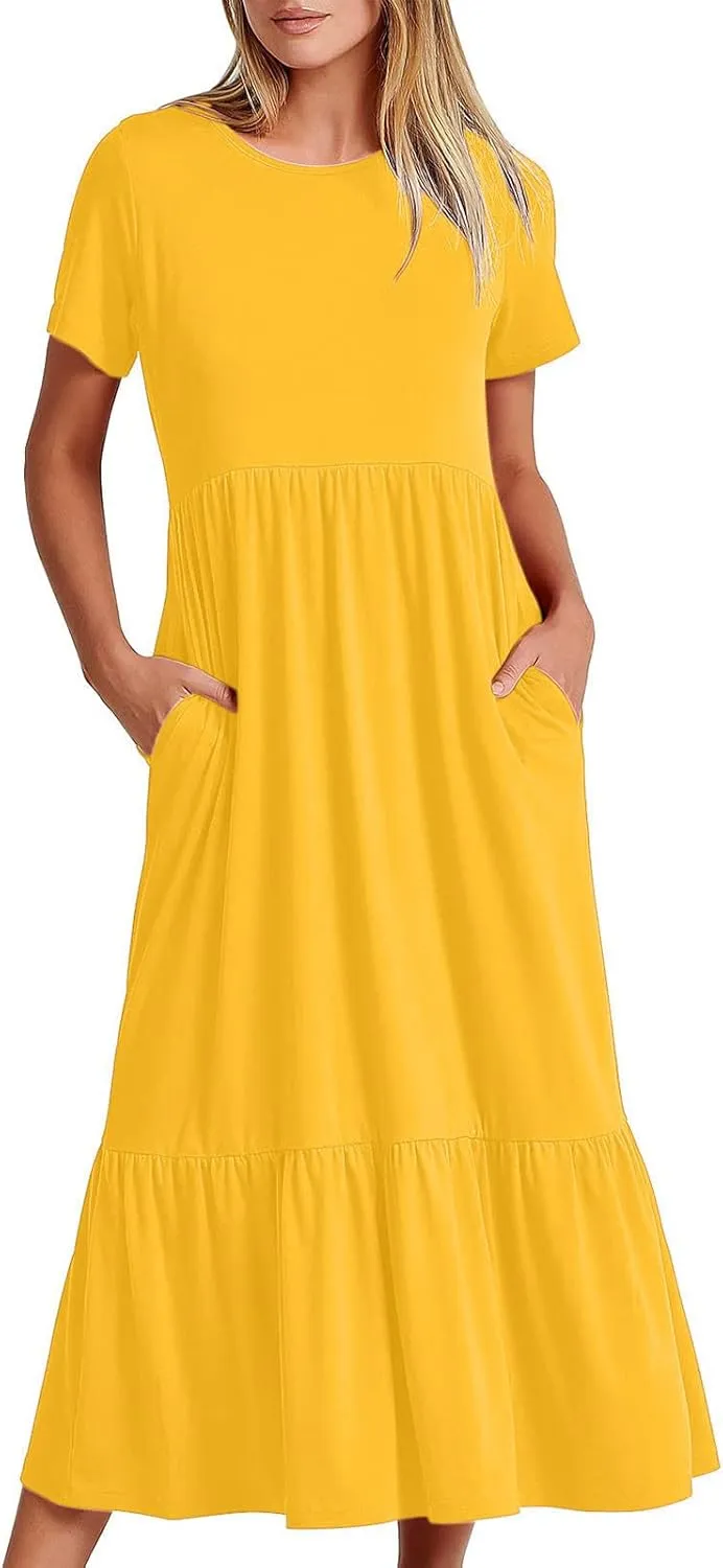 Summer Dresses for Women 2024 Maxi Casual Short Sleeve Crewneck Dress Flowy Swing Beach Sundresses with Pockets