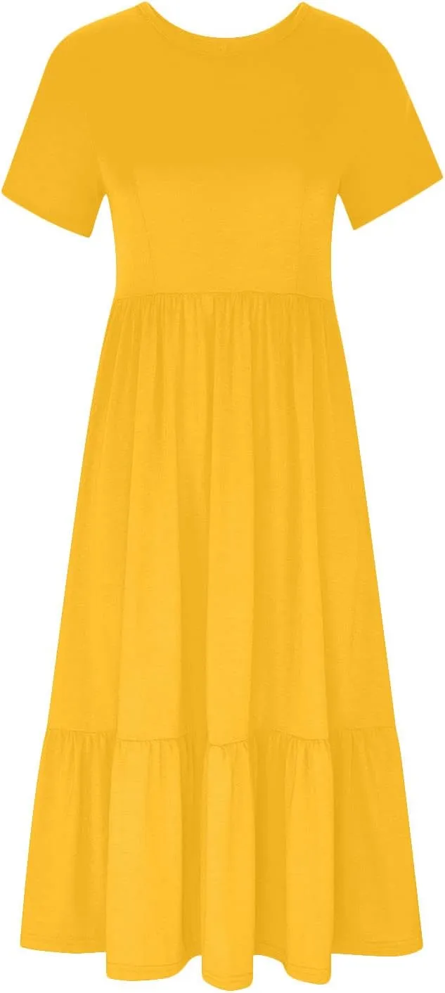 Summer Dresses for Women 2024 Maxi Casual Short Sleeve Crewneck Dress Flowy Swing Beach Sundresses with Pockets