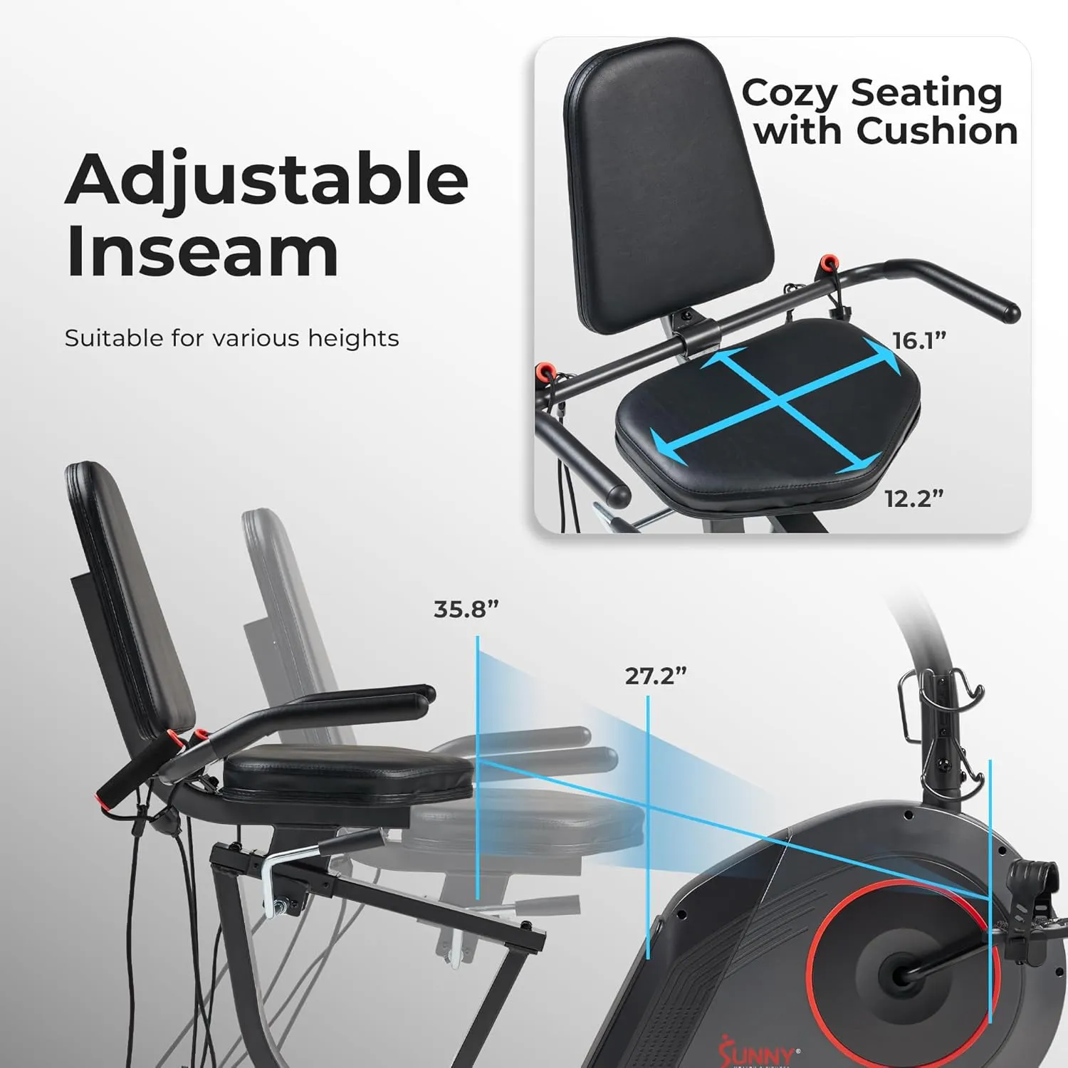 Sunny Health & Fitness Smart Heavy-Duty Recumbent Bike w/Wide Cushioned Seat & Back, Indoor Cycling Machine for Adult/Seniors Home Exercise, Free SunnyFit App Connect, Optional Workout Training Bands