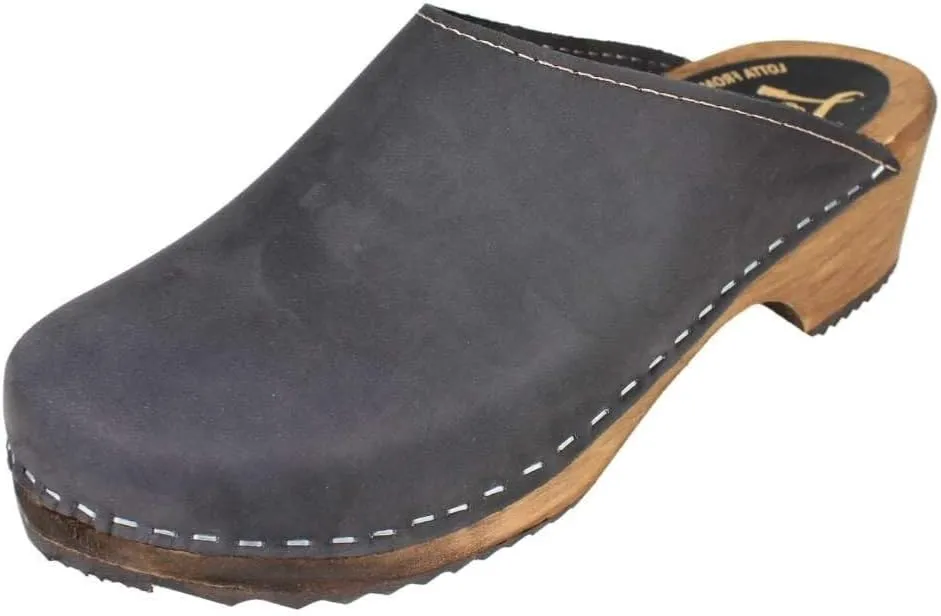 Swedish Classic Clog Mule for Women | Low Heel Slip-on Wooden Clogs Handmade in Sweden | Supportive Brown Alder Wood Base and Oiled Nubuck Leather | Black