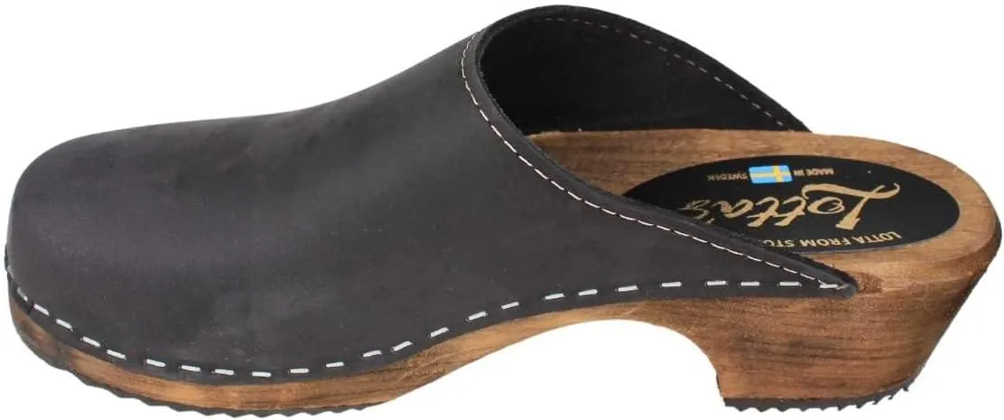 Swedish Classic Clog Mule for Women | Low Heel Slip-on Wooden Clogs Handmade in Sweden | Supportive Brown Alder Wood Base and Oiled Nubuck Leather | Black