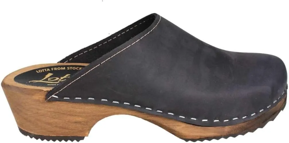 Swedish Classic Clog Mule for Women | Low Heel Slip-on Wooden Clogs Handmade in Sweden | Supportive Brown Alder Wood Base and Oiled Nubuck Leather | Black