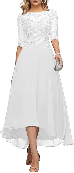 TIRAS Lace Appliques Mother of The Bride Dresses A line 3/4 Sleeves Tea Length Chiffon Formal Wedding Party Prom Gowns