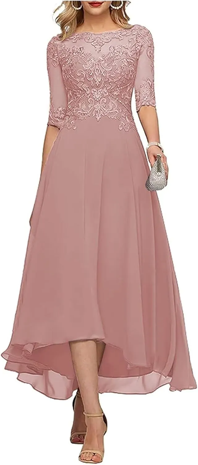 TIRAS Lace Appliques Mother of The Bride Dresses A line 3/4 Sleeves Tea Length Chiffon Formal Wedding Party Prom Gowns