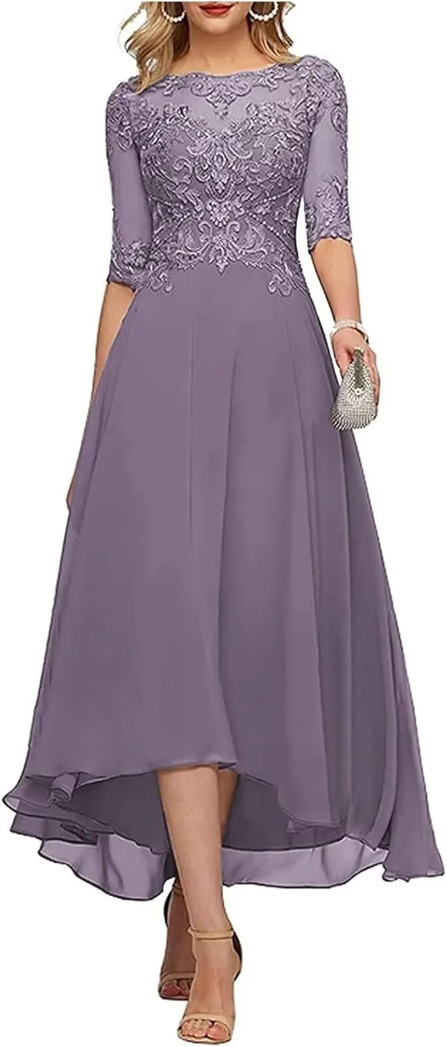 TIRAS Lace Appliques Mother of The Bride Dresses A line 3/4 Sleeves Tea Length Chiffon Formal Wedding Party Prom Gowns