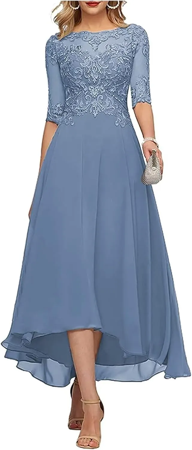 TIRAS Lace Appliques Mother of The Bride Dresses A line 3/4 Sleeves Tea Length Chiffon Formal Wedding Party Prom Gowns